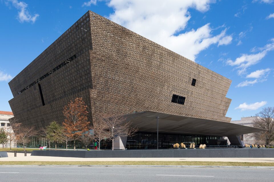 The exterior of the National Museum of African American History and Culture in Washington, D.C., on February 27, 2020, as seen from 15th Street NW